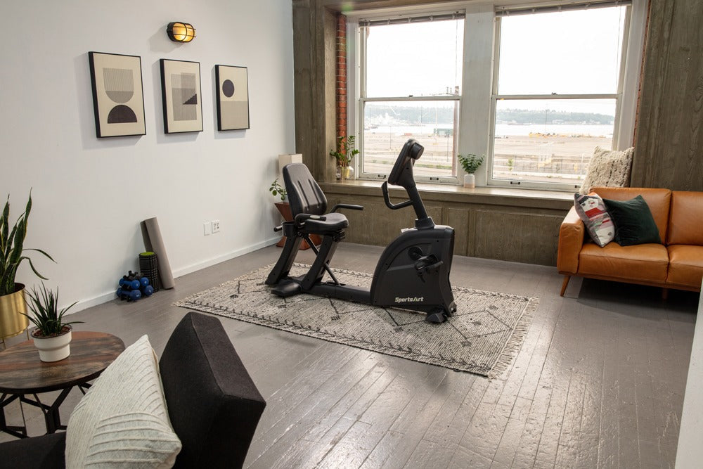 Liegeergometer in einem hellen Wohnraum mit großen Fenstern, Teppich und Sofa