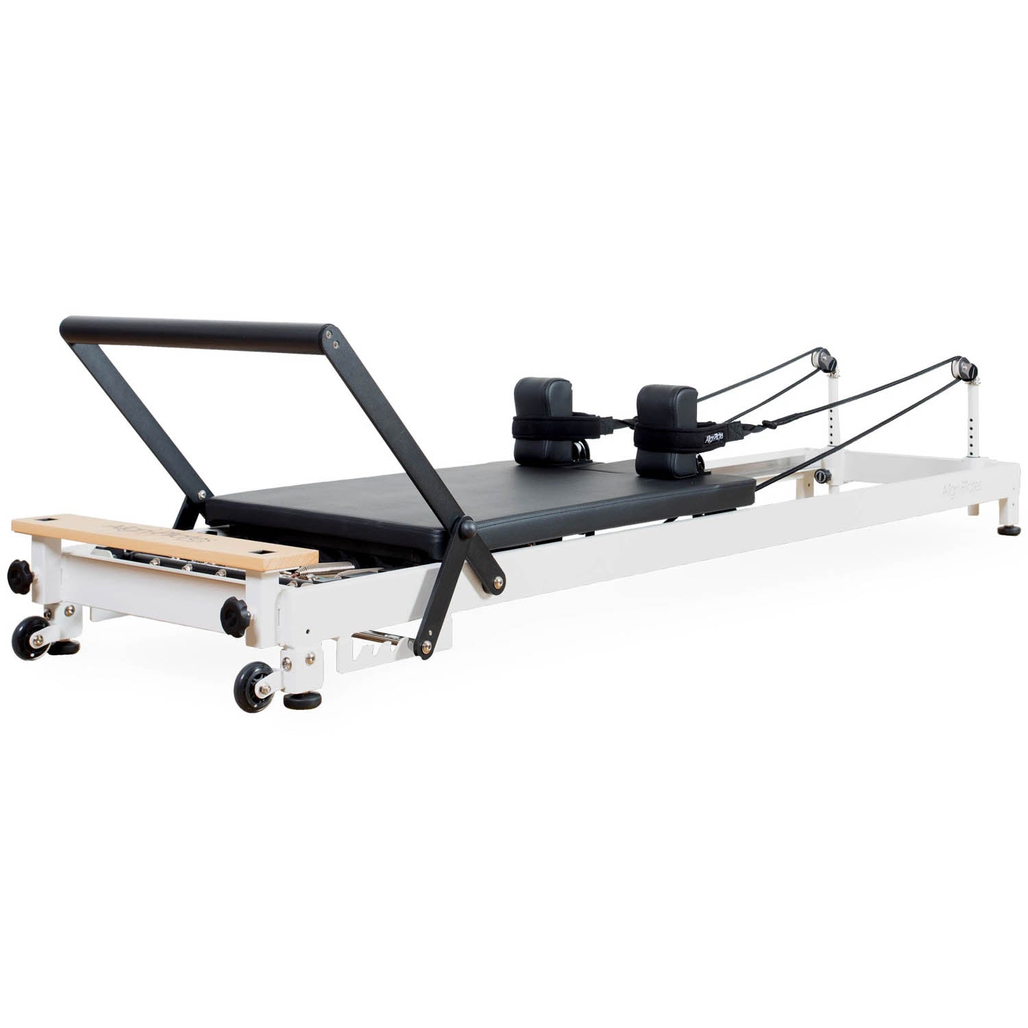Align Pilates R8-Pro Reformer mit weißem Rahmen und schwarzer Polsterung