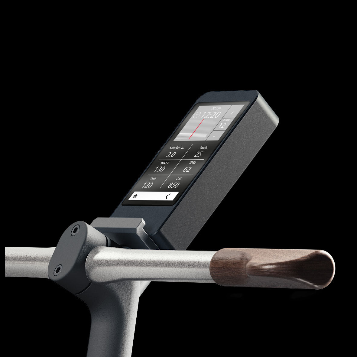 Stil-Fit Bike NERO Edition – Detail Walnussholz-Pedale