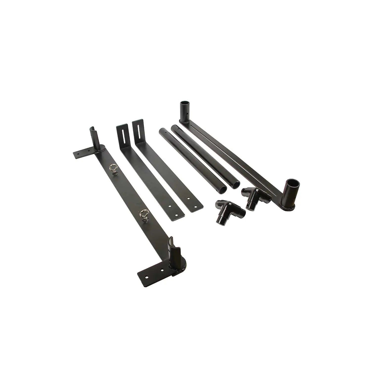 Align-Pilates Half Cadillac Wall Bracket – schwarze Stahl-Wandhalterung mit Haltearmen, Stützrohren und Verbindern, Bauteile freigestellt