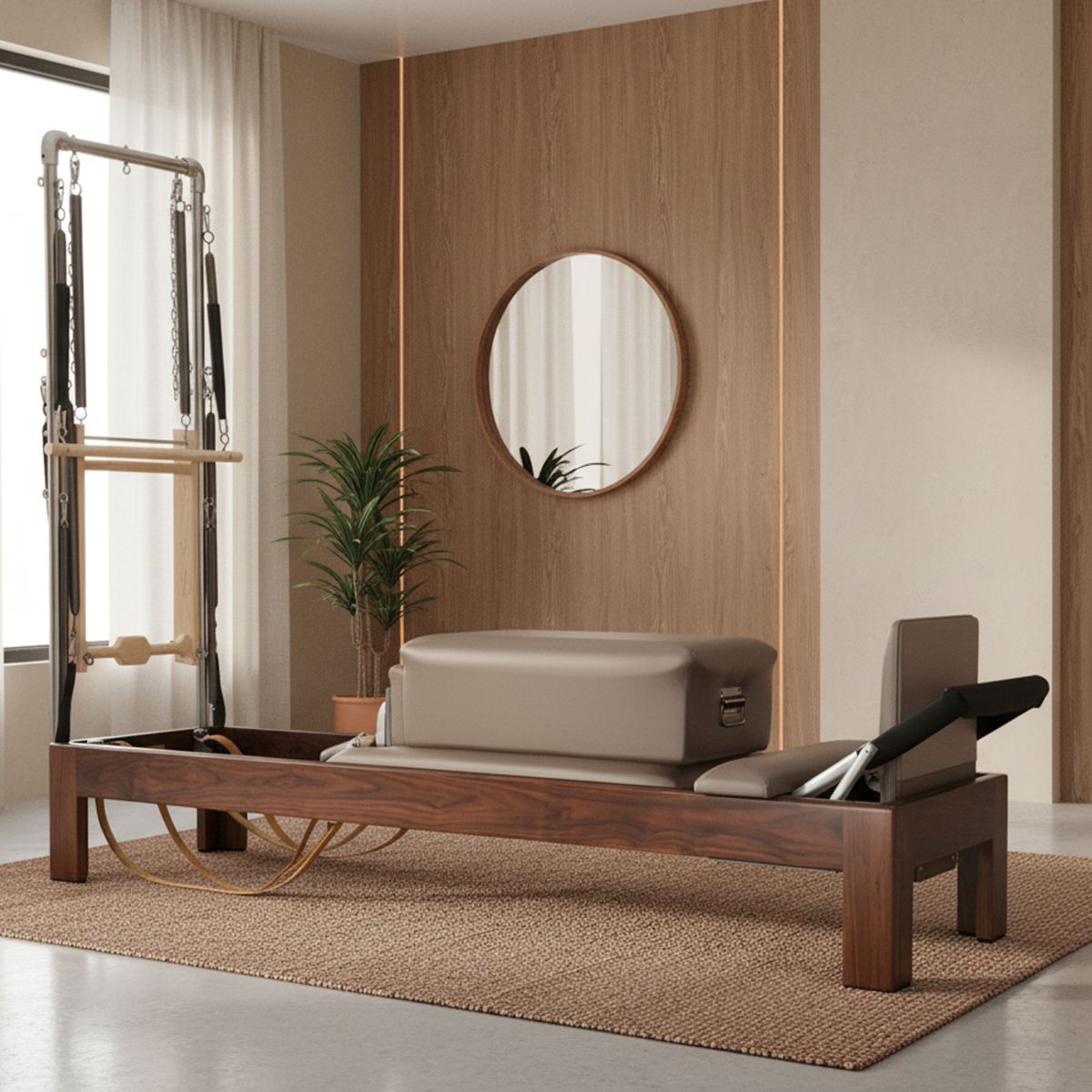 Elina Pilates Klassischer Reformer 86" aus dunklem Walnussholz mit Half Cadillac